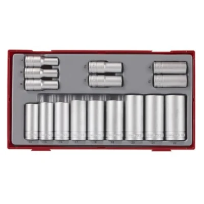 Image of Teng Tools 16 Piece 3/8 Inch Drive 12 Point Metric Deep Chrome Vanadium Socket Set Mechanic Tool Hand TT381612