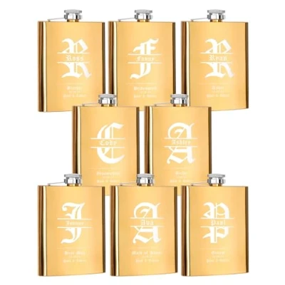 Image of Set of 8, Personalised Flasks for Groomsmen Bridesmaid Gifts, 8oz Stainless Steel Engraved Men Women, Custom Wedding Party Gift, Best Friend Gift