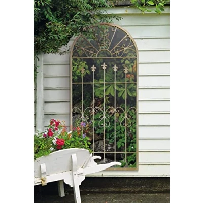 Image of MirrorOutlet New Large Gothic Designed Arched Stone Coloured Outside Garden Wall Mirror, Ivory, 5ft3x 2ft6 190cm X 75cm