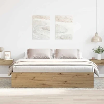 Image of vidaXL Artisan Oak Double Bed Frame Modern Engineered Wood with Solid Pine Base, 200x200cm for Bedroom