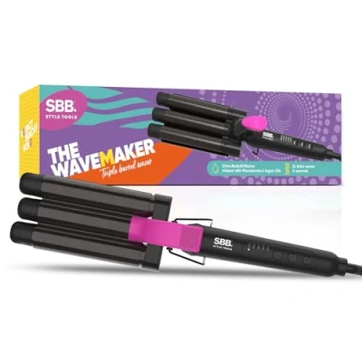 Image of SBB The Wavemaker Triple Barrel Waver for All Hair Types, Beach Curler Infused with Super Shine Oils, Variable Heat Options, Ergonomic and Lightweight Design, Resistant Glove
