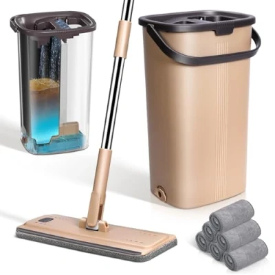 Image of MASTERTOP Flat Mop and Bucket Set, Mops Buckets Sets, Compact Floor with 6 Microfibre Pads Stainless Steel Long Handle, for Cleaning Floors Tile Laminate Wooden Beige