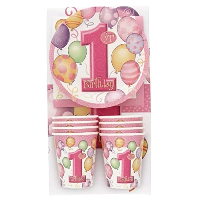 Image of Unique Party 23887 Pink Balloons 1st Birthday Pack for 8 Guests