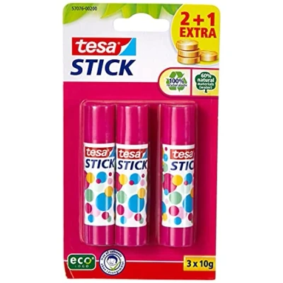 Image of tesa Glue Stick Odourless Craft for Paper and Cardboard Solvent Free Environmentally Friendly 3 x 10 g, pink