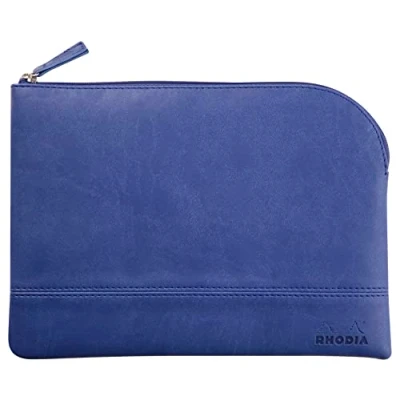 Image of RHODIA 116638C Faux Leather Zipped Pouch Sapphire Size M (16x22 cm) Real Stitching Orange Fabric Interior Storage for Documents, Small Supplies