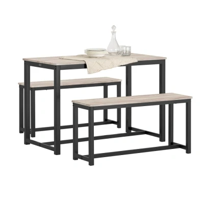 Image of OGT25 HN,Industrial Design Dining Set Table and 2 Benches with Light Wooden Effect Sobuy