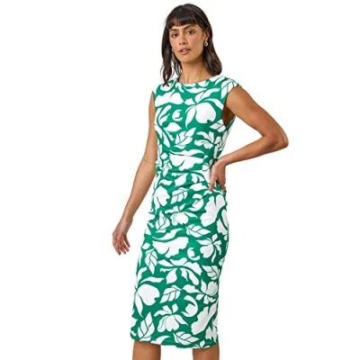 Image of Roman Originals Ruched Waist Dress for Women UK Ladies Side Pleat Winter Autumn Textured Fitted Shift Pencil Smart Lined Stretchy Jersey Work Knee Length Round Neck Green Ivory Size 8