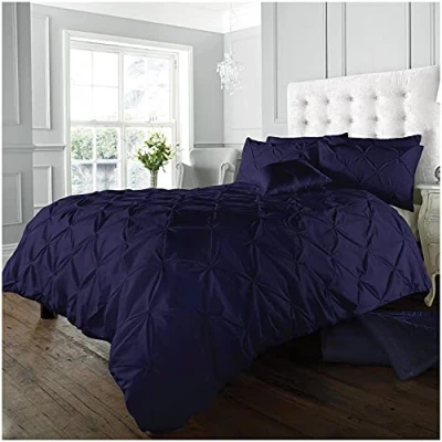 Image of GC GAVENO CAVAILIA Pintuck Single Duvet Cover Set Reversible Pinch Pleat Bedding Polycotton Quilt With Pillowcase Navy