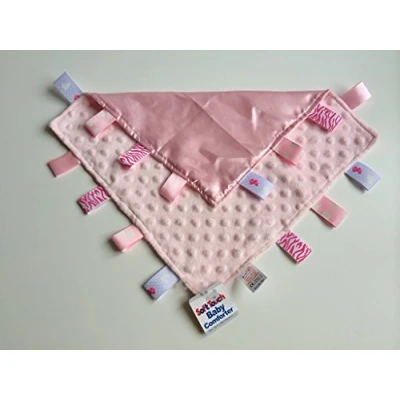 Image of Soft Touch Comforter blanket with taggies. Taggie / Comfort Blanket. Great Gift. (Pink blanket)
