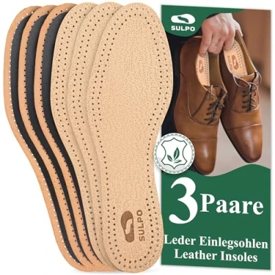 Image of SULPO 3 Pairs of Genuine Leather Insoles, Premium Activated Carbon Odour Absorber, Anti Sweat Breathable
