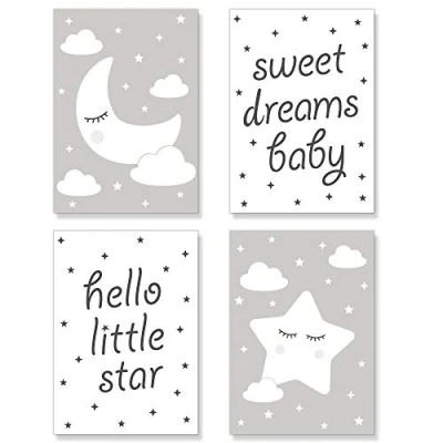 Image of PREMYO Wall Art Prints Nursery Decor Baby Room Decoration Girl Boy Kids Poster Set Star Moon Cloud Grey A4 Size