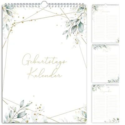 Image of Birthday Calendar Undated Planner Wall A5 Perpetual Year Independent Overview for Hanging Eucalyptus Design Green Leaves