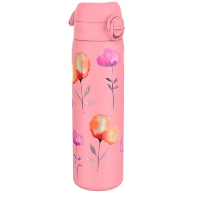 Image of ION8 Steel Water Bottle, 600 ml/20 oz, Leak Proof, Easy to Open, Secure Lock, Dishwasher Safe, Flip Cover, Fits Cup Holders, Carry Handle, Durable, Metal Raised Print, Rose Floral Design