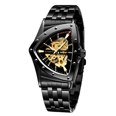 Image of FORSINING Men&#039;s Watch 30M Waterproof Skeleton Hollow Automatic Retro Triangle Wrist Watch, Upgrade Black,