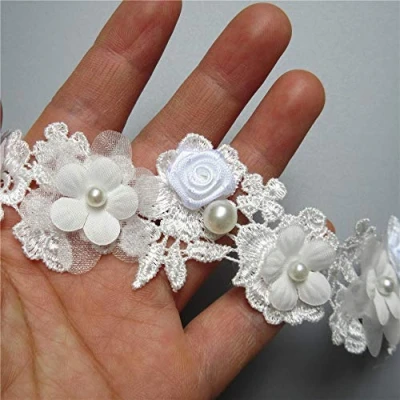 Image of 2 Yards White Rose Flower Pearl Lace Edge Trim Ribbon 1.57&quot; Width Vintage Style Edging Trimmings Fabric Embroidered Applique Sewing Craft Wedding Dress Embellishment DIY Cards Hats Clothes Embroidery