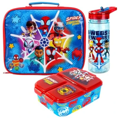 Image of Spidey Kids Childrens Lunch Box Set Insulated Bag, Multicompartment &amp; 580ml Water Bottle School Travel Food Set, BPA Free