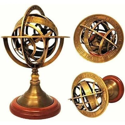 Image of 5&quot; Nautical Brass Armillary Sphere World Globe Astrolabe On Wooden Base Maritime Decorative Antique
