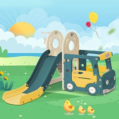 Image of 4 in 1 Kids Slide Set with Bus, Slide, Activity Ladder, and Basketball Hoop Complete Fun Package for Children