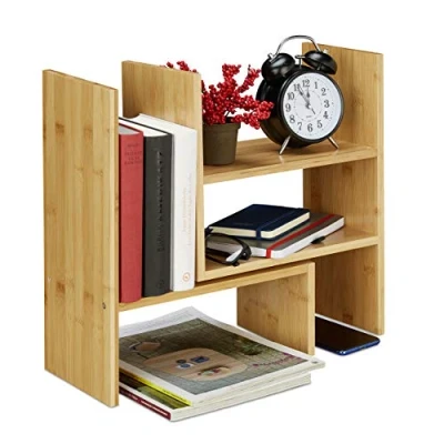 Image of Relaxdays Bamboo Table Shelf, Adjustable Organiser, for Desk, Kitchen &amp; Bathroom, Versatile Display Unit, Small, Natural