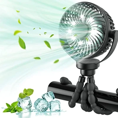 Image of Stroller Fan, Pram Fan with LED Lights, 5200mAh Battery Powered for Pram, 3 Speed 360 Rotatable Car Seats Clip on USB Desk Flexible Tripod Treadmill, Stroller, Car, Bike