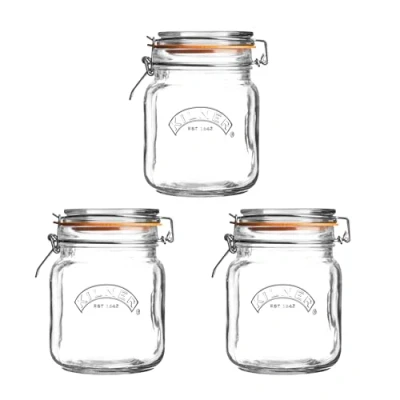 Image of Kilner Square Clip Top Jar Set of 3, 1 Litre (1000ml) Airtight Glass Jars for Storing Coffee Beans Pickling Vegetables Chutneys Pasta Nuts BPA Free Dishwasher Safe