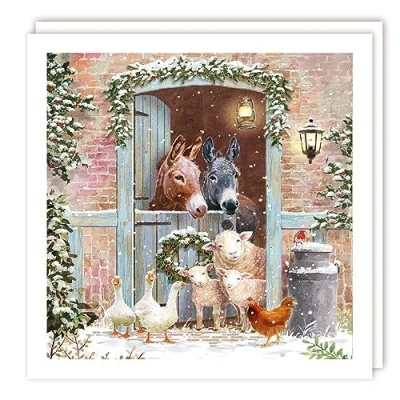 Image of Tracks Publishing Charity Christmas Cards Donkeys, Geese and Sheep at Snowy Barn Gate Eco Friendly Pack of 5