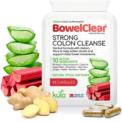 Image of BowelClear Strong Colon Cleanse Detox Natural Laxatives for Constipation Relief Tablets Herbal Bowel and Stool Softener with Aloe Vera + Fibre Daily Support 90 Vegan Capsules