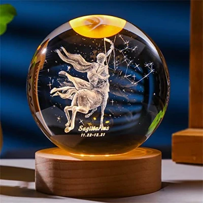 Image of Besot Laser Engraved Zodiac Sign Crystal Ball Miniature 3D Craft Decoration Glass Sphere Home Accessories Gift (Sagittarius, 3.15 Inches)