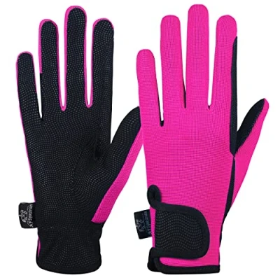 Image of AFE Ladies Horse Riding Gloves Track Fabric Synthetic Leather Equestrian Black Stretch Pink Purple Lilac (Pink, Large)