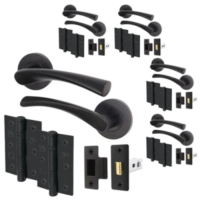 Image of EAI Black Door Handle Latch Set Pack of 5 Round T Bar Internal Handles, (64mm), Hinges (76mm) Matt Lever On Rose Novoli Range
