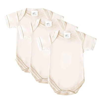 Image of Baby Bodysuits, Vests, Newborn Cotton Short Sleeved Bodysuit, British Made for Boys or Girls, 3 Pack, Cream,