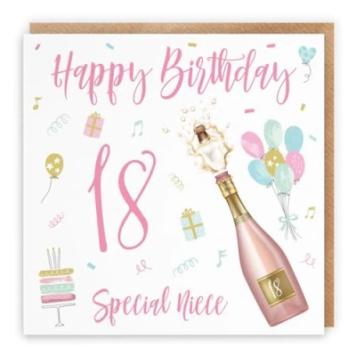 Image of Hunts England Niece 18th Birthday Card Happy Special 18 Champagne Collection Pretty, Balloons, Cake