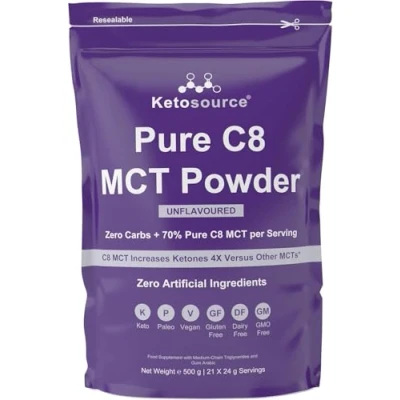 Image of Pure C8 MCT Powder 500g Pouch 4X Ketone Boost vs Other Oils Zero Carbs Mixes Easily Keto Coffee Creamer Vegan Safe Gluten Free Artificial Ingredients Unflavoured Ketosource®