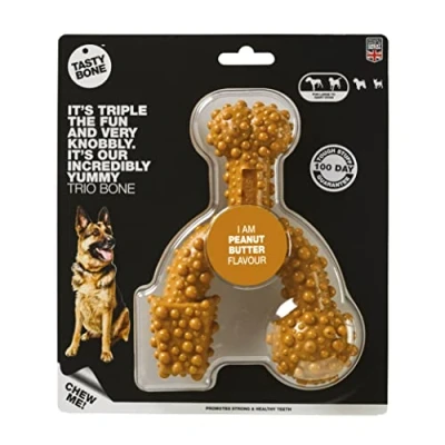Image of TastyBone TrioBone Nylon Dog Chew Toy for Large Dogs (Peanut Butter) Indestructible Aggressive Chewers, Everlasting Flavour, Strong Healthy Teeth, Made in the UK
