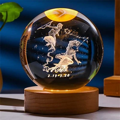 Image of Besot Laser Engraved Zodiac Sign Crystal Ball Miniature 3D Craft Decoration Glass Sphere Home Accessories Gift (Pisces, 3.15 Inches)