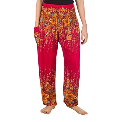 Image of Lofbaz Harem Pants for Women Yoga Boho Hippie Clothing Womens Palazzo Bohemian Pajama Trousers Beach Indian Gypsy Genie Clothes Floral 2 Burgundy M