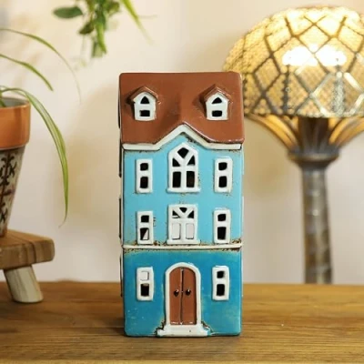 Image of Christmas Ceramic Tealight House Tall Candle Holder Village Pottery Cottage Xmas Festive Shelfsitter Ornament Gift