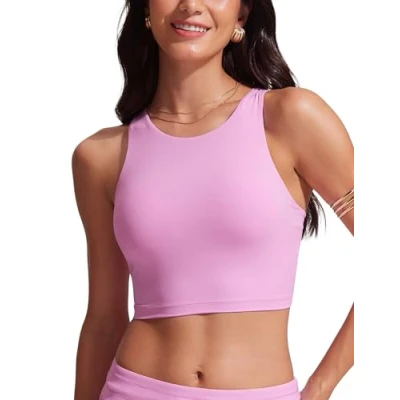 Image of CRZ YOGA Women&#039;s Racerback Bikini Tops Quick Dry Modest Swimsuit Top Sports Padded Bathing Suit Vita Pink 14