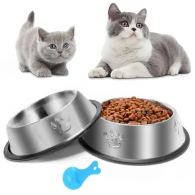 Image of Stainless Steel Cat Bowl, 2 Pack Metal Dog Bowls for Food and Water, Non Slip Pet Feeding Dish Bowl With Rubber Base indoor Cats Small Dogs