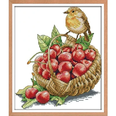 Image of Cross Stitch Kits Stamped, OWN4B Bird and Cherries Printed Pattern 11CT 11.0x13.8 inch DIY Embroidery Kit (Cherries)