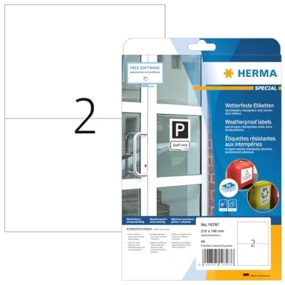Image of HERMA Self Adhesive Weatherproof Labels, 2 Labels per A4 Sheet, 20 Sheets, 210 x 148 mm, 40 Weather Resistant Stickers, Sticky of Special Paper for Laser Printer, White