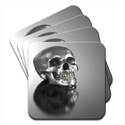 Image of Chrome Skull with Gold Tooth Set of 4 Coasters