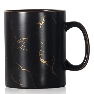 Image of SHOWFULL 22oz Luxury Gold Pattern Inlay Exter Large Coffee Mug, 650ml Classic Ceramic Marble Tea Cup with Handle for Men Women, Matte Black