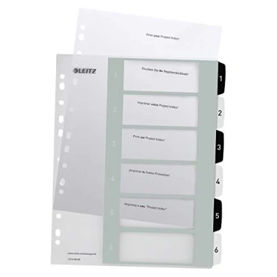 Image of Leitz WOW Printable Index, Extra Wide, 1 6 Numbered Tabs, PP, A4, White/Black
