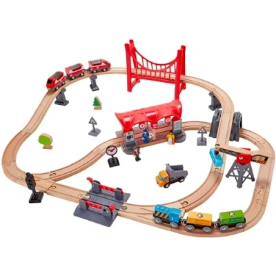 Image of Hape Busy City Train Rail Set Complete Themed Wooden Toy for Toddlers with Passenger Train, Freight Station, Play Figurines and More