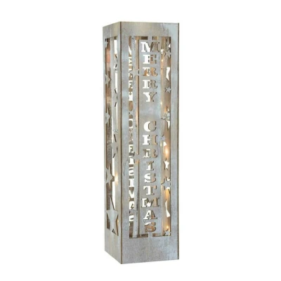 Image of Mr Crimbo Wooden Merry Christmas Table Decoration Rectangular Pillar LED Branches Silver Baubles 40cm