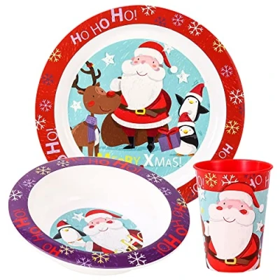 Image of Christmas Xmas 3pcs Kids Childrens Micro Dinner Lunch Santa Festive Tableware Set Plate, Bowl &amp; Cup, BPA Free