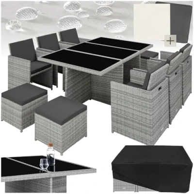 Image of TecTake Polyrattan Garden Furniture Set with Aluminium Base, Including 6 Dining Chairs, 1 Table, 4 Stools, Foldable Lounge Set, For Up To 10 People, Patio light grey