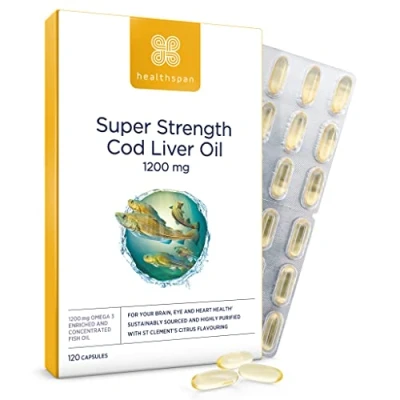 Image of Healthspan Super Strength Cod Liver Oil 1,200mg (120 Capsules) Supports Heart, Brain &amp; Eye Health Added Vitamin A, D3 and Calcium Rich in Omega 3 Fatty Acids DHA EPA Sustainably Sourced