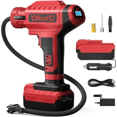 Image of YOHOOLYO Cordless Tyre Inflator Air Compressor 150PSI and 12 Volt DC Car Pump Powered Portable Handheld Motorcycles Bicycles (Red, 150 PSI)